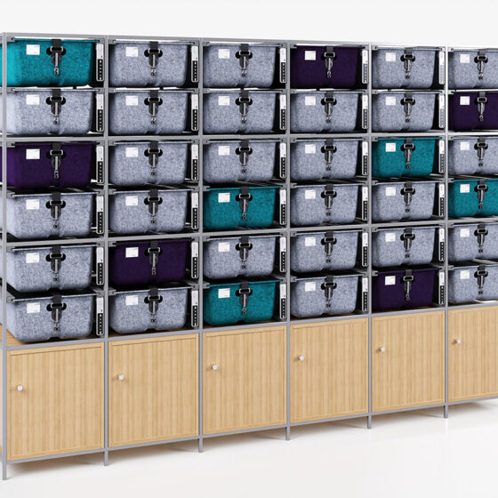 Evo screen slyde shelves with bins on each shelf