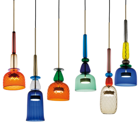 6 colored flauti lights hanging from the ceiling
